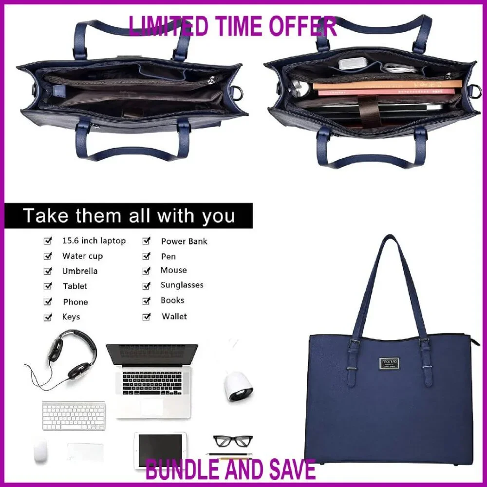 Waterproof PU Leather Laptop Tote Bag with Pouch for 15-16 inch Notebook